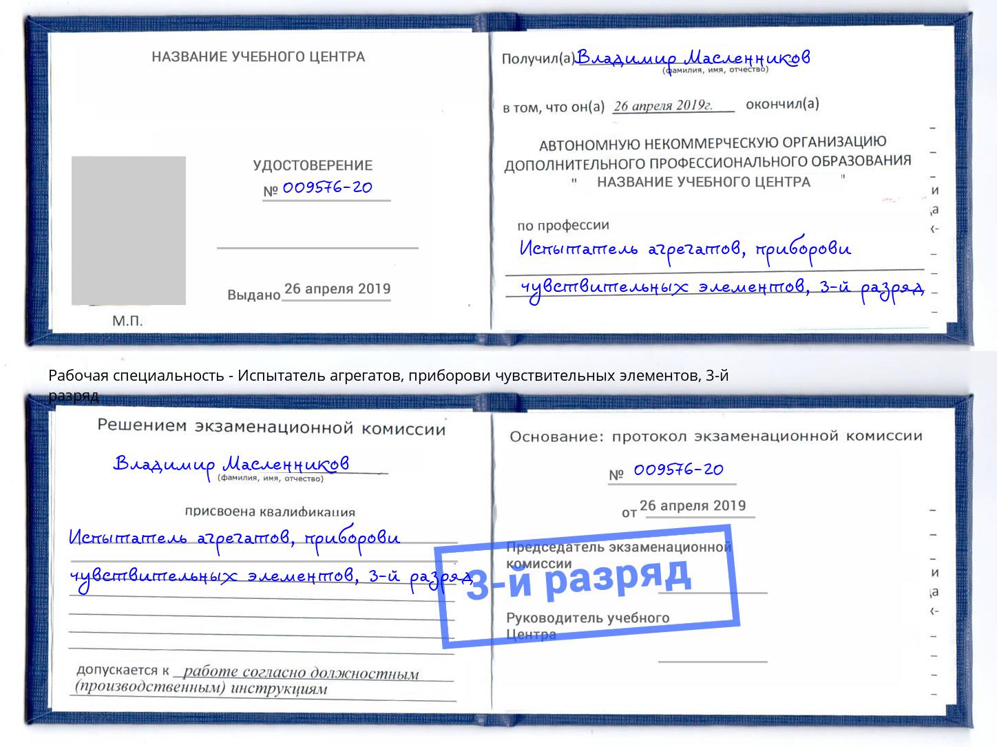 корочка 3-й разряд Испытатель агрегатов, приборови чувствительных элементов Тосно
