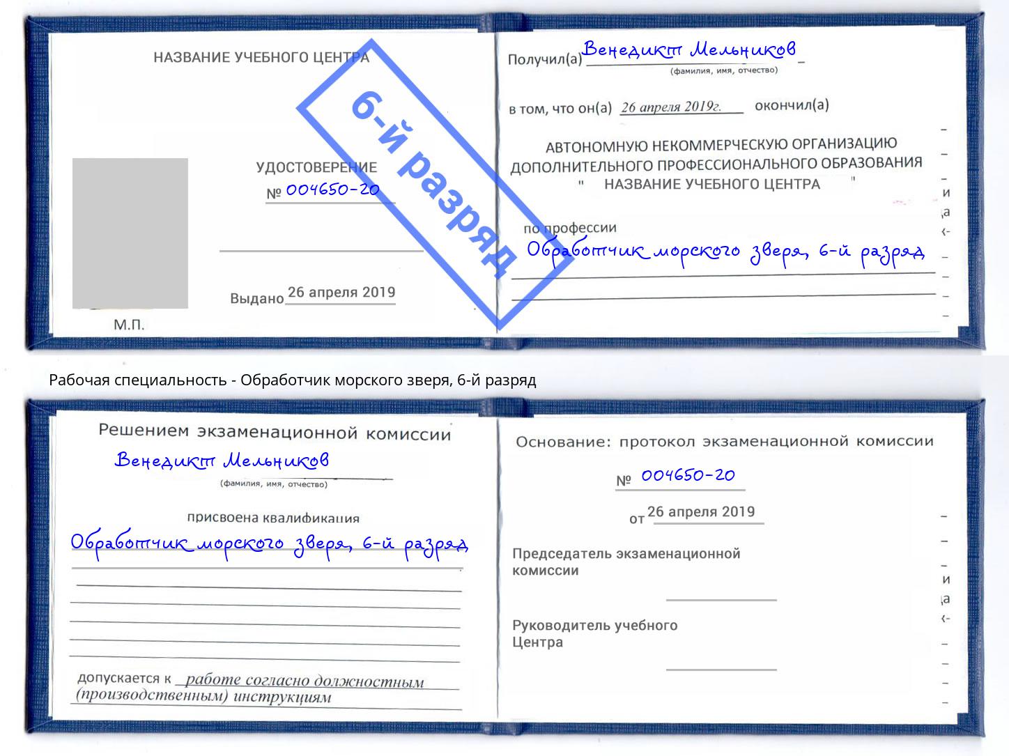 корочка 6-й разряд Обработчик морского зверя Тосно