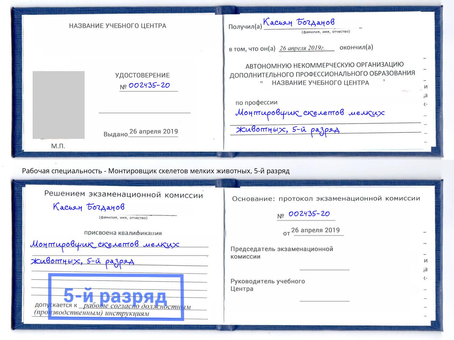 корочка 5-й разряд Монтировщик скелетов мелких животных Тосно