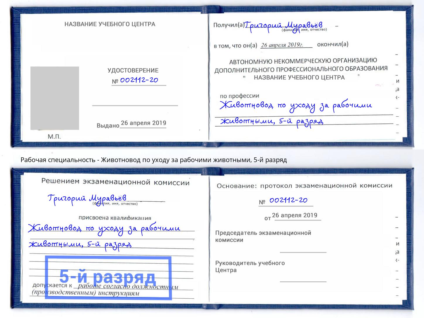 корочка 5-й разряд Животновод по уходу за рабочими животными Тосно