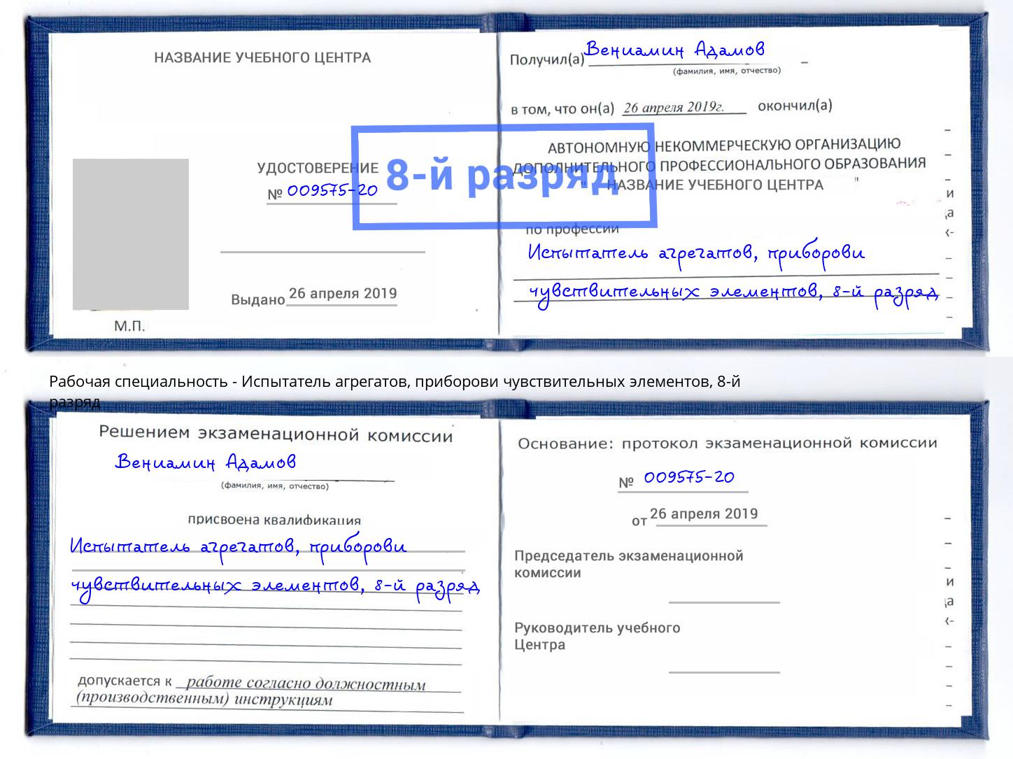 корочка 8-й разряд Испытатель агрегатов, приборови чувствительных элементов Тосно